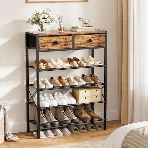 Rustic Brown 5-Tier Shoe Rack with 2 Drawers - Fits 16-20 Pairs, Adjustable Shelves