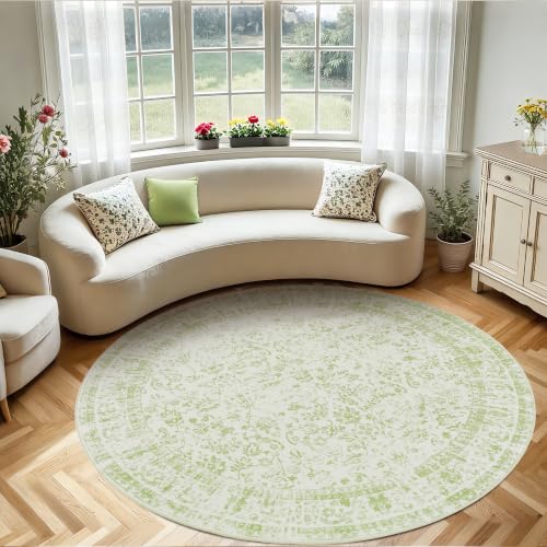 Sage Washable Area Rug 6x6 Vintage Floral Pattern for Living Room - Round 6' Sage Green