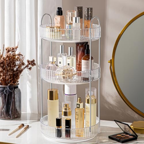 360° Rotating Makeup Organizer with 3 Tiers - Clear Lazy Susan for Vanity & Bathroom