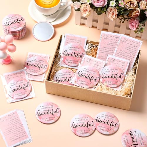 50 Pcs Inspirational Mini Compact Mirror Bulk for Women Christmas Pink Pocket Gifts Portable Round Purse Mirrors Thank You Reminder Gift for Coworker Employee Staff Nurse