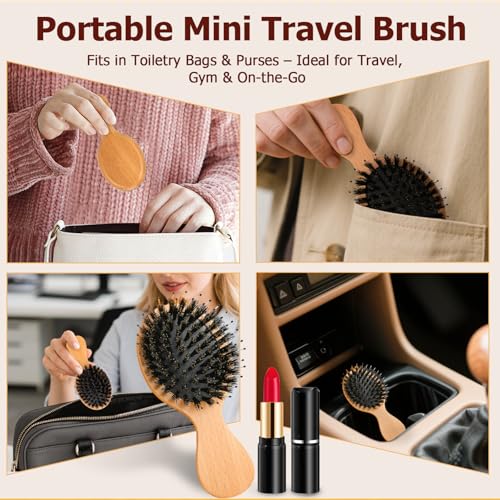 Mini Boar Bristle Travel Hair Brush 5.6 Inch for Women & Kids - Wooden Handle