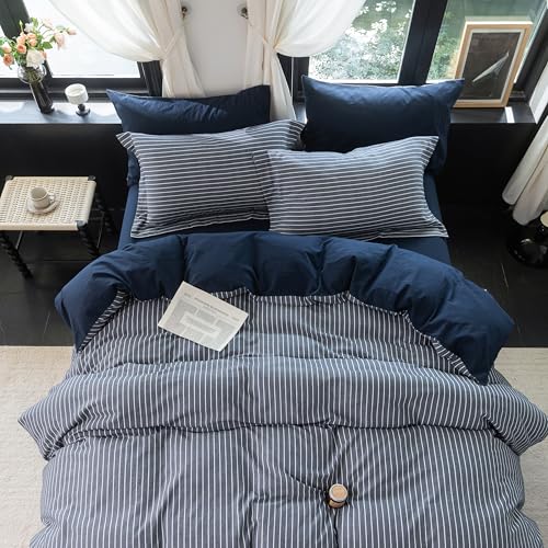 Warm Moment Reversible Navy Blue & White Striped Queen Duvet Cover Set 90x90