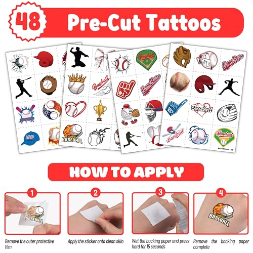 72PCS Baseball Party Set - 48PCS Temporary Pre - Cut Tattoos & 24PCS Slap Bracelets - Fun Sports-Themed Birthday Supplies, Baby Shower Gifts, Classroom Rewards & Party Decor for Kids (Boys & Girls)