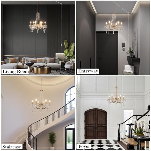 Plug-in Gold Crystal Chandelier with Long Cord - Modern Hanging Light Fixture