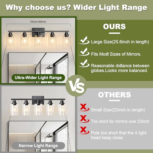Black 5-Light Bathroom Vanity Light Fixture with Clear Glass Shades - Up & Down Mounting