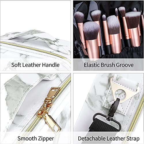 Oewoer Marble White Travel Makeup Bag 10.4in Organizer Case with Adjustable Dividers & Shoulder Strap