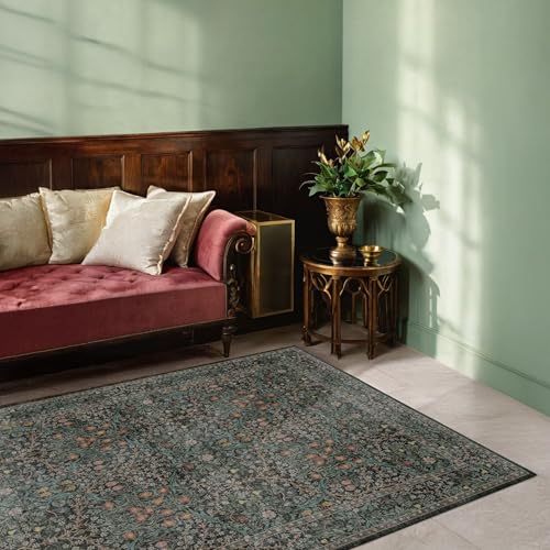 Dark Green & Black Floral Indoor Rug 5x7 Vintage Boho Non-Slip Washable Mat