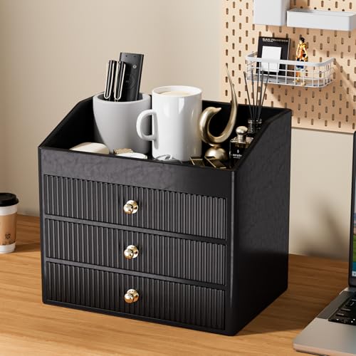 Black Vegan Leather Desk Organizer with 4 Layers and Tray - LADSTAG