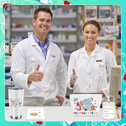 6 Pcs Pharmacy Technician Gifts Include Cup Portable Cosmetic Bag Badge Keychain Aromatherapy Thank You Card Pharmacy Technician Accessories for Doctors Nurses Week Gift Supplies