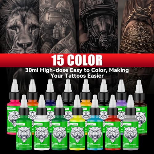 15-Color Tattoo Ink Set for Shading and Outlining - Vibrant, Long-Lasting