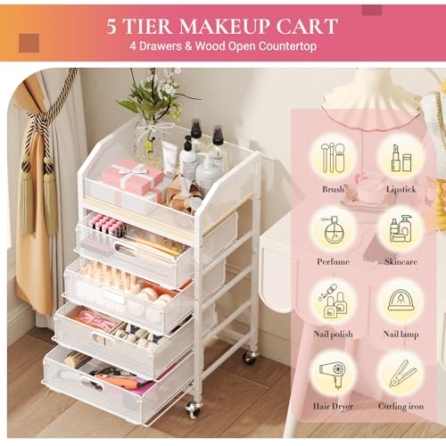 White Rolling Makeup Organizer Cart with Drawers - 5 Tier Metal Storage