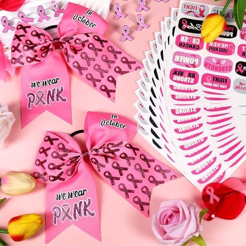 Rose Pink Breast Cancer Awareness Cheer Bows Set with Tattoos - Glitter Pink