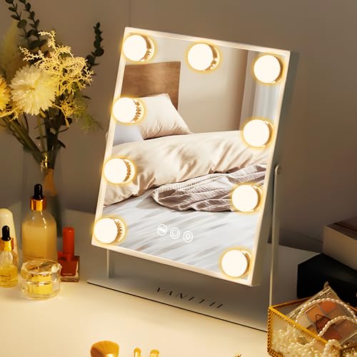 VANITII Vanity Mirror with Lights Hollywood Lighted Makeup Mirror with 9 Dimmable Bulbs Smart Touch Control 3 Colors Light for Bedroom, Detachable 10X Magnification, 360¡ÆRotation