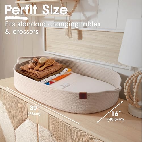 Baby Changing Basket with Diaper Caddy - Soft Waterproof Cover, Portable, Organic Cotton Rope - Soft Beige