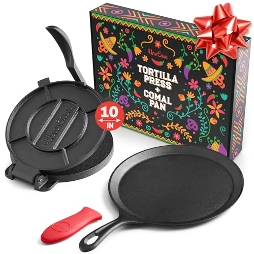 Uno Casa Cast Iron Tortilla Press 10 Inch & Comal Pan Bundle - Family Size with Variation