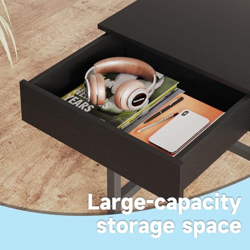 39.4 Inch Small Black Desk with 2 Wooden Drawers - Home Office, Vanity & Study Table