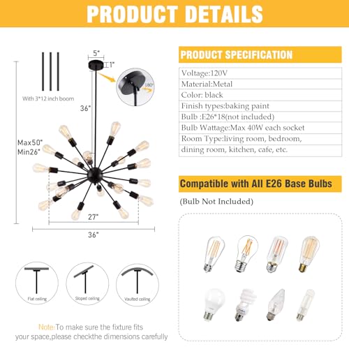 Black 18-Light Sputnik Chandelier | Farmhouse Ceiling Light Fixture