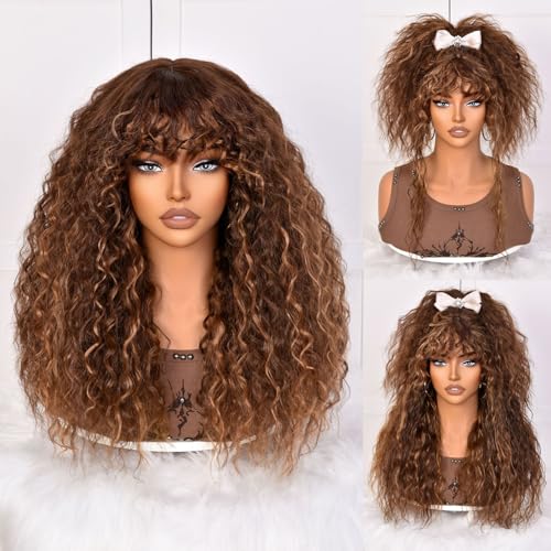 Highlight Mix Brown Curly Human Hair Wig with Bangs for Black Women - Long, Natural Look, True Scalp, Glueless, Effortless Style