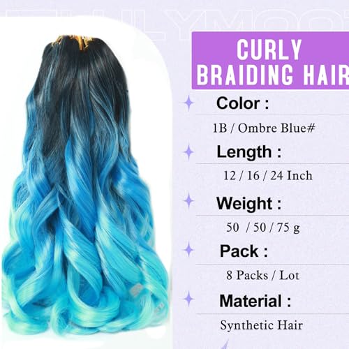 Paraglame 8-Pack Ombre Blue French Curly Braiding Hair 12 Inch Synthetic Bouncy Hair