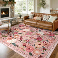 WARMYS 8x10 Pink Boho Floral Washable Area Rug - Dusty Pink & Green