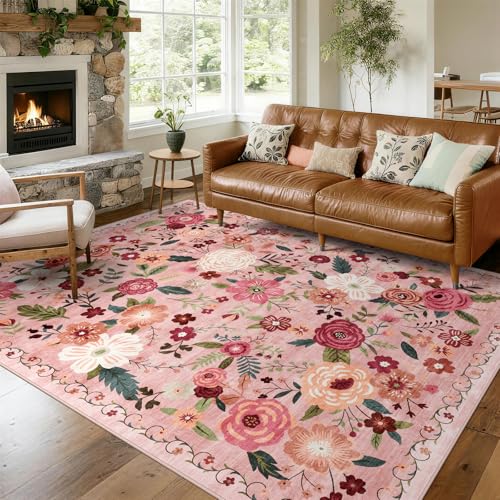 WARMYS 8x10 Pink Boho Floral Washable Area Rug - Dusty Pink & Green