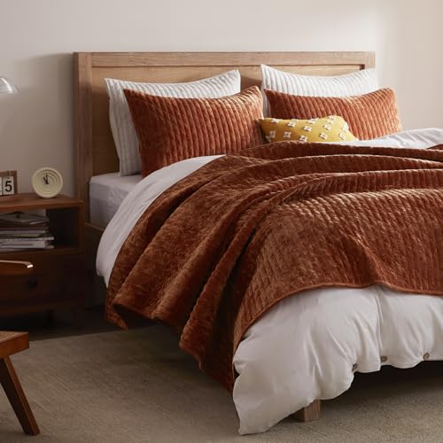 King Size Burnt Orange Velvet Quilt Set with 2 Shams - All Season Lightweight Comforter