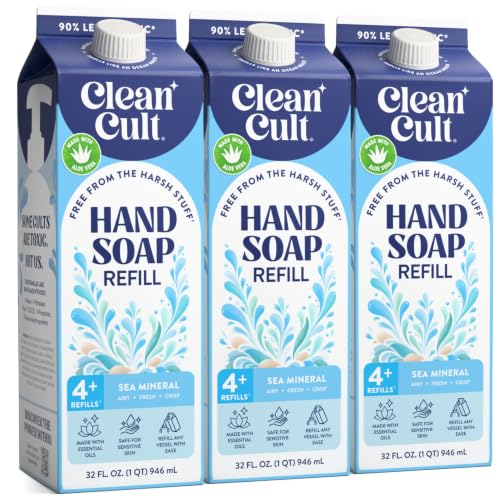 CleanCult Sea Minerals Liquid Hand Soap Refill Pack of 3 - 32oz Eco-Friendly, Gentle on Sensitive Skin with Aloe Vera & Essential Oils