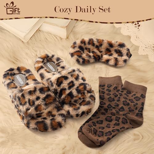 Leopard Print Spa Gift Set for Women - Self Care Home Bath Kit with Slippers & Bath Salts