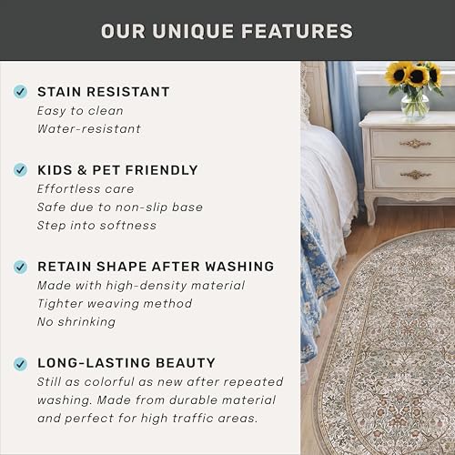 Moss Green 5x8 Oval Rug with Non-Slip Backing - Vintage Floral Area Rug for Living Room