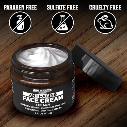 Viking Revolution Mens Anti Aging Face Cream - Mens Face Moisturizer for Men with Hyaluronic Acid, Aloe Vera, Vitamin E - Wrinkle Cream for Men with Vitamin B5, Green Tea (2 Fl Oz)