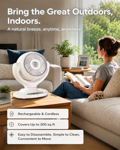 Cordless Desk Fan with Remote, 12000mAh Rechargeable Air Circulator - White D4