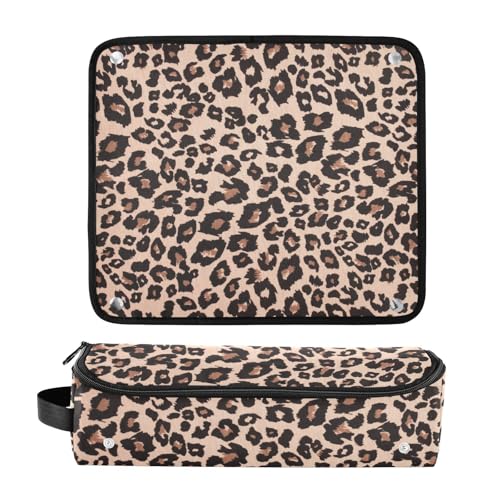 ElliTarr Leopard Print Brown Travel Hair Tools Case with Heat-Resistant Mat, 2-in-1 Curling Iron Organizer