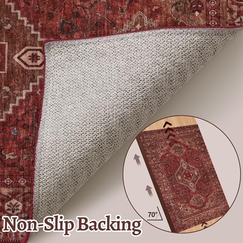 Dark Red 5x7 Washable Area Rug - Oriental Non Slip Living Room Carpet