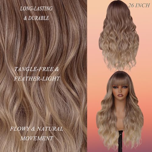 Long Blonde Wavy Wig with Bangs - 26 Inch Ombre Highlights for Women