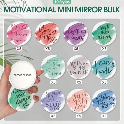 Kigley 50 Pcs International Women's Day for Women Inspirational Compact Mirrors Bulk Employee Appreciation Gifts Round Portable Pocket Mirror Makeup Mini Mirrors for Teacher Coworker Nurse