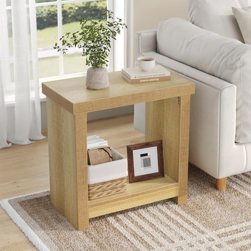 Natural End Tables Set of 2 - Narrow Side Tables with Storage Shelves