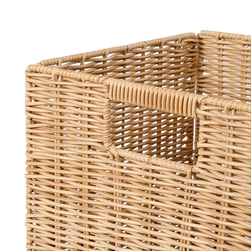 12x12 Inch Plastic Wicker Cube Baskets - Foldable Storage Bins, Khaki, 4 Pack