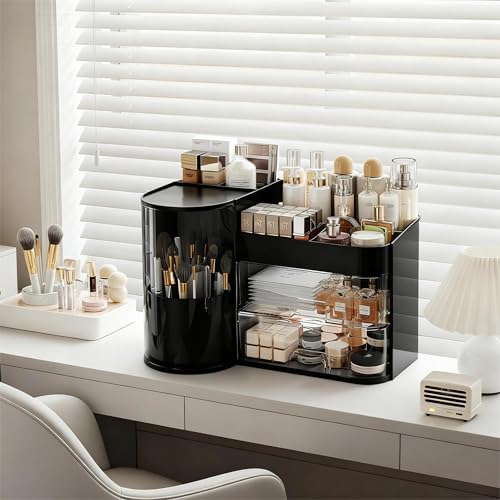 Makeup Organizer with Rotating,Large Bathroom Countertop Cosmetic Organizer with Brushes Holder,Skincare Storage Organizer,Ideal makeup holder for Skincare,Lipstick,etc (Light Luxury Black)