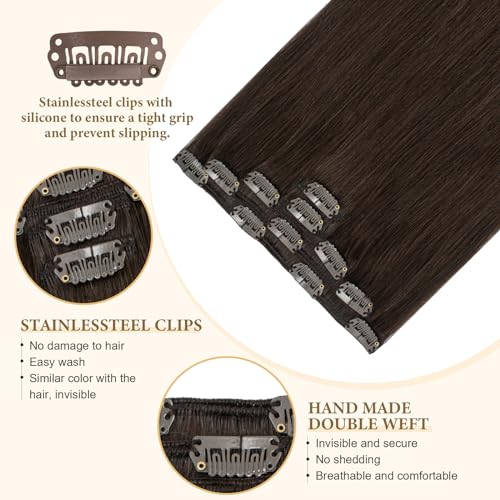 22 Inch Dark Brown Clip-In Human Hair Extensions - Double Weft, 60G, 5PCS
