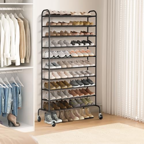 Expandable 10-Tier Shoe Rack - Tall Shoe Organizer for 44 Pairs - Black