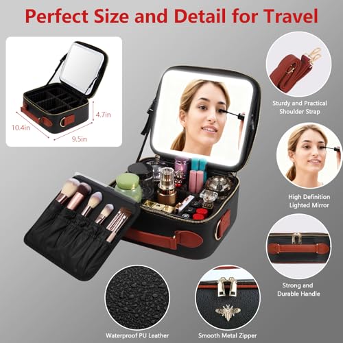 Travel Makeup Bag with Light Up Mirror - Black, Waterproof, Rechargeable LED Vanity Case