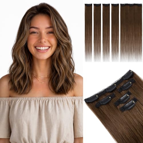 Medium Brown Clip-In Hair Extensions 14 Inch Real Human Hair - 5pcs Set