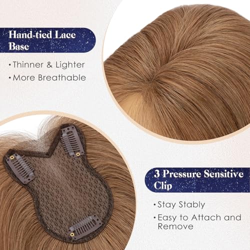 Elailite Human Hair Topper 11 Inch Light Brown Hand-Tied Lace Base Clip-In for Thin Hair - Variation #06