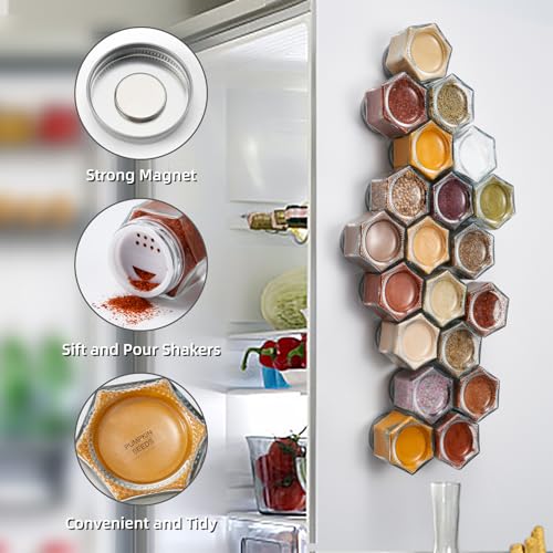 Homazing Set of 20 Large 4oz Hexagon Magnetic Spice Jars with Shaker Lids & Labels – Fridge Spice Containers