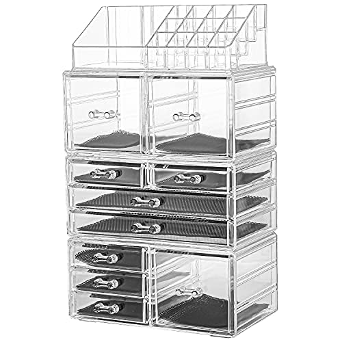 Sooyee Makeup Organizer,Make Up Organizer Stands,Acrylic Makeup Storage 10 Makeup Drawer Organizer for Bathroom, Dresser, Vanity Accessories or Countertop,Clear,4 Pieces Stackable