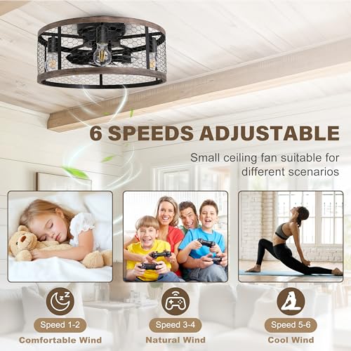 20-Inch Rustic Farmhouse Caged Ceiling Fan with Lights & Remote - Wood Flush Mount Variant