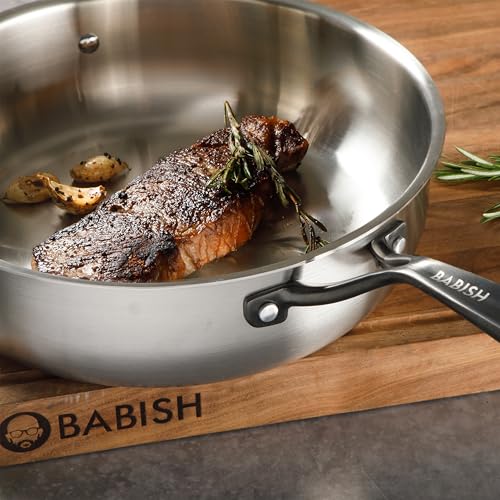 Babish 5-Qt Tri-Ply Stainless Steel Sauté Pan with Lid - Black PVD Handles, Oven & Induction Safe