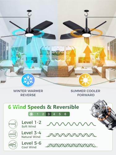Outdoor Ceiling Fan with Light & Remote - 36 Inch, Black, IP65 Waterproof