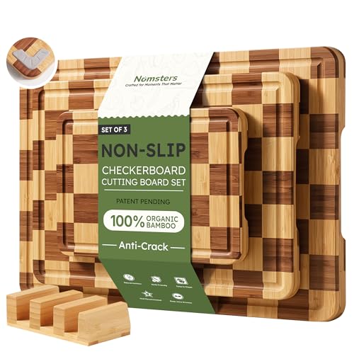 Set of 3 Wooden Checkered Cutting Boards with Holder - Non-Toxic Bamboo Kitchen Chopping & Serving Platters