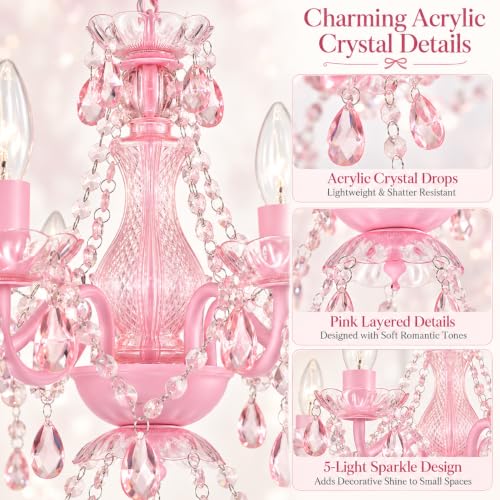 Pink Crystal Chandelier for Girls Bedroom - 5-Light Ceiling Fixture, Adjustable Height